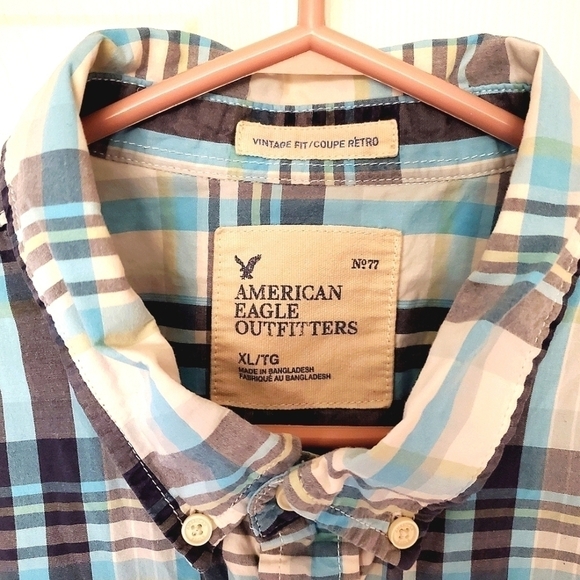 AEO BUTTON DOWN SHIRT PLAID SEERSUCKER SHORT SLEEVES STRIPED WHITE BLUE MENS XL - Picture 5 of 12